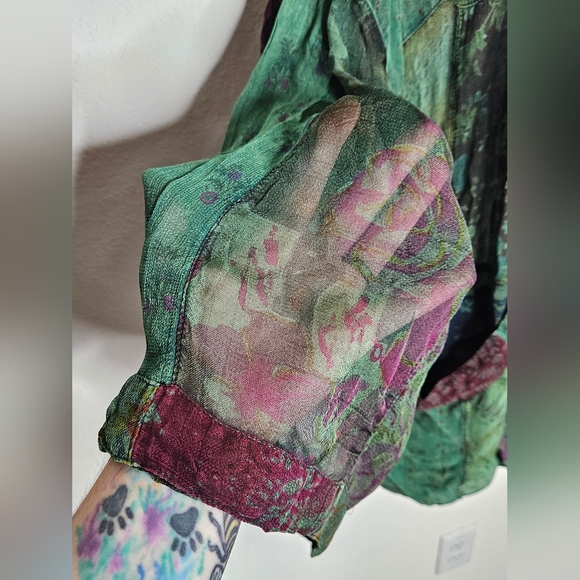 NWT Young Threads Multicolor Patchwork Semisheer Lightweight Kimono Jacket Basil - Picture 4 of 10